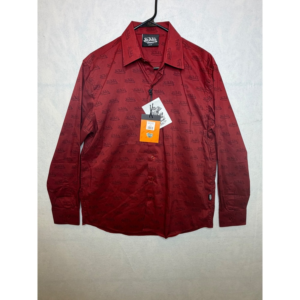 Von Dutch Mens LS Button‎ Up Shirt Wine Red Burgundy Logo All Over Print Med